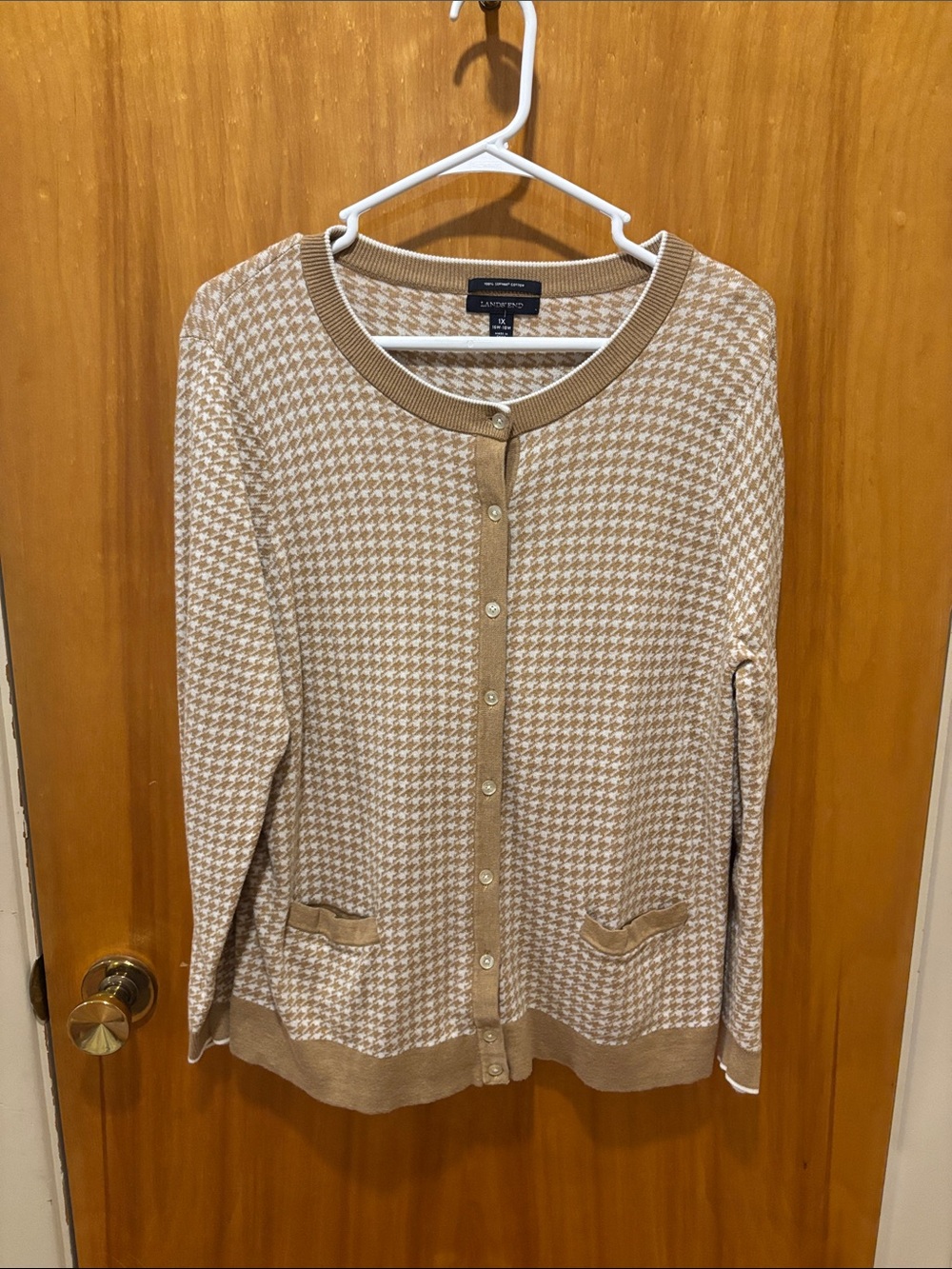 Lands' End Tan and White Houndstooth Cardigan